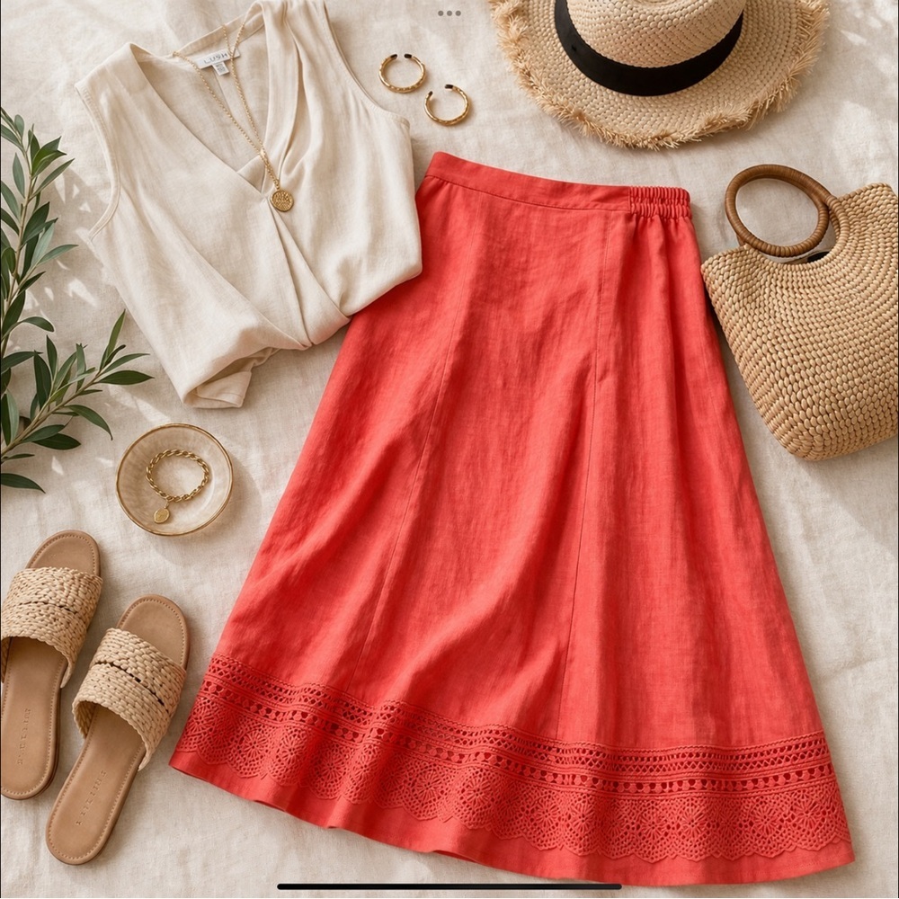 Lino USA Linen Skirt Set NWT Coral Embroidered Resort Set Coastal Midi 2-piece - Picture 6 of 16